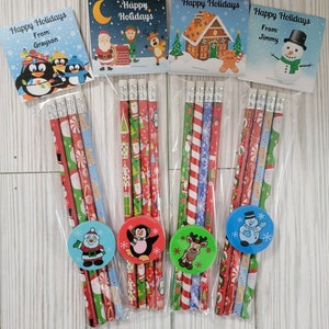 Kids Holiday or Christmas Pencil Party Favors, Personalized Holiday Party Favors, (4 Pencils, 1 Eraser and Topper is Good for 1 child)