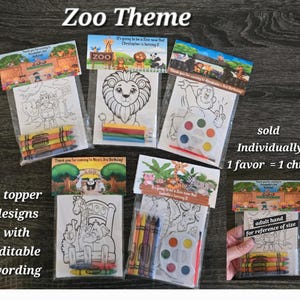 Zoo Theme Party Favor Bags.  1 bag (1 child) includes 8-4x6 themed cards, personalized topper and craft option.  Sold Individually