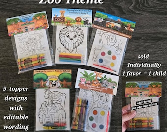 Zoo Theme Party Favor Bags.  1 bag (1 child) includes 8-4x6 themed cards, personalized topper and craft option.  Sold Individually