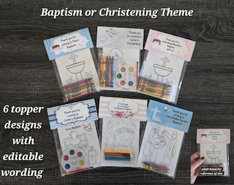 Baptism or Christening Theme Party Favors.  1 bag or favor (good for 1 child) includes 8-4x6 Cards, Personalized Topper and choice of craft