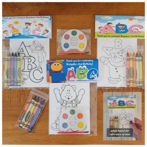 ABC Party Favor Bags.  1 bag (1 child) includes 8-4x6 Cards, Personalized Topper & either 5 assorted Crayons or Paint