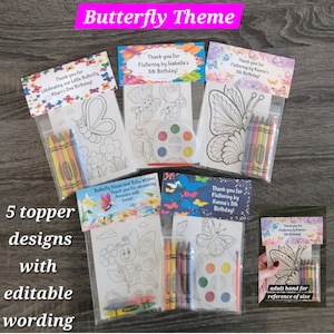 Butterfly, Butterflies Theme Party Favors.  1 bag (1 child) includes 8-4x6 Cards, Personalized Topper & either 5 assorted Crayons or Paint