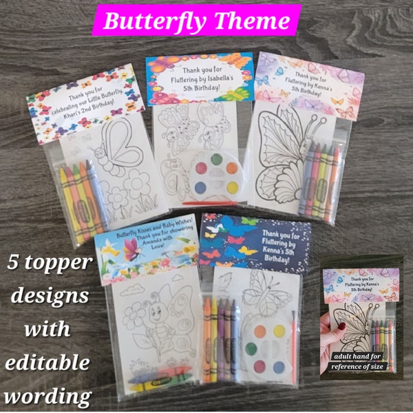 Butterfly, Butterflies Theme Party Favors.  1 bag (1 child) includes 8-4x6 Cards, Personalized Topper & either 5 assorted Crayons or Paint