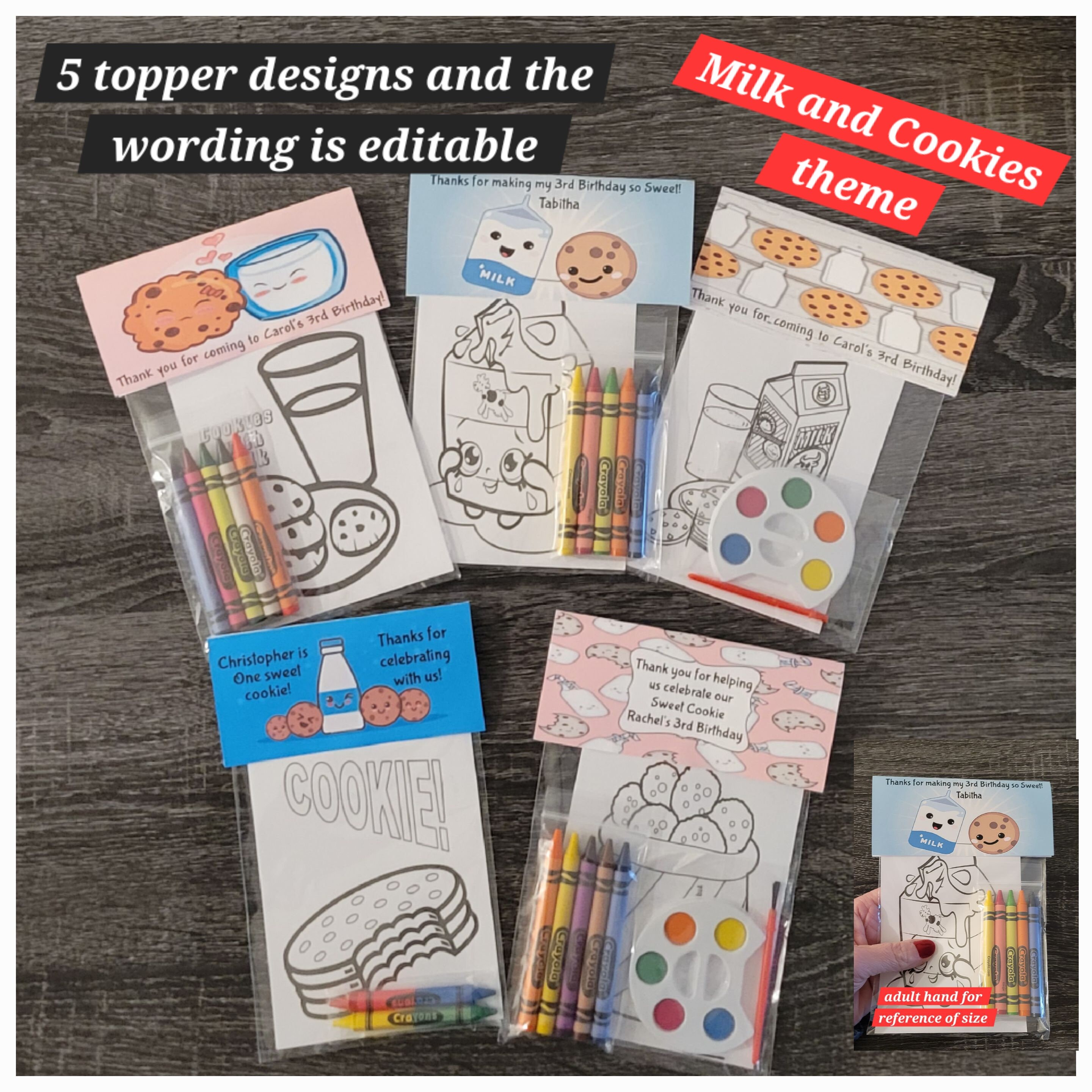 Cookies and Milk Favors Crayons or Painting Favor Bags.  1 Bag (1 child) includes 8-4x6 cards, Topper & either 5 assorted Crayons or Paint