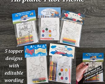 Airplane and Aviator Theme Party Favor Bags.  1 bag (1 child) includes 8-4x6 Cards, Personalized Topper & choice of craft