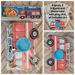 Firetruck or Fireman Theme Favors with Personalized Topper. 1 Bag includes 8 4x6 cards, 5 crayons, play-doh & card and personalized topper