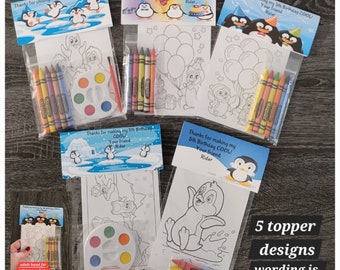 Penguin Theme Favors, Crayons or Painting Favor Bags.  1 Bag (1 child) includes 8-4x6 cards, Topper & either 5 assorted Crayons or Paint