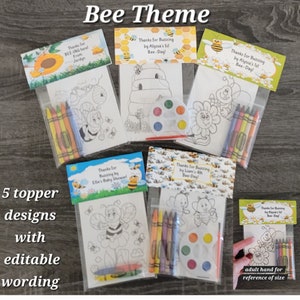 Bee Theme Crayons or Painting Party Favor Bags.  1 Bag (1 child) includes 8-4x6 cards, Personalized Topper & 5 assorted Crayons or Paint