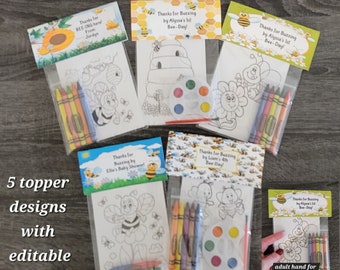 Bee Theme Crayons or Painting Party Favor Bags.  1 Bag (1 child) includes 8-4x6 cards, Personalized Topper & choice of craft theme