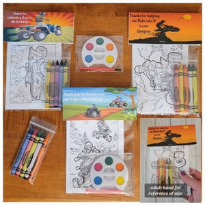 ATV or 4-Wheeler Theme Party Favor Bags.  1 bag (1 child) includes 8-4x6 Cards, Personalized Topper & either 5 assorted Crayons or Paint