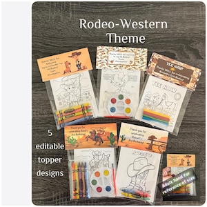 Rodeo, Western, Cowboy/Cowgirl Party Favors,  1 bag (1 child) includes 8-4x6 Cards, Personalized Topper & either 5 assorted Crayons or Paint