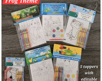 Frog Theme Party Favors.  1 bag (1 child) includes 8-4x6 Cards, Personalized Topper & either 5 assorted Crayons or Paint
