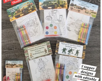 Army or Military Party Favor Bags.  1 bag (1 child) includes 8-4x6 Cards, Personalized Topper & either 5 assorted Crayons or Paint