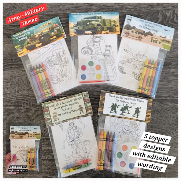 Army or Military Party Favor Bags.  1 bag (1 child) includes 8-4x6 Cards, Personalized Topper & either 5 assorted Crayons or Paint