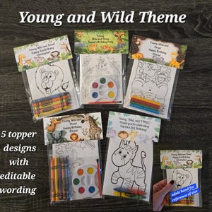 Young, Wild and 3, Two Wild-Safari  Favors, 1 bag (1 child) includes 8-4x6 theme cards, personalized topper & craft, sold as 1 bag not set