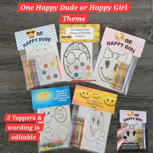 One Happy Dude, One Happy Girl, or Smiley Faces Favors, 1 bag (1 child) includes 8-4x6 Cards, Personalized Topper & either Crayons or Paint