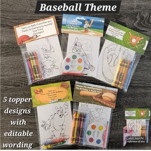 Baseball Theme Party Favor Bags.  1 bag (1 child) includes 8-4x6 Cards, Personalized Topper & either 5 assorted Crayons or Paint