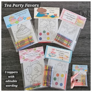 Tea Party Theme Party Favor Bags.  1 bag (1 child) includes 8-4x6 Cards, Personalized Topper & either 5 assorted Crayons or Paint