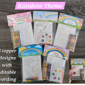 Rainbow Theme Party Favor Bags.  1 bag (1 child) includes 8-4x6 Cards, Personalized Topper & either 5 assorted Crayons or Paint