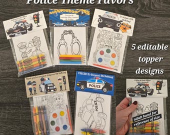 May include: Five printable police-themed party favour designs. Each design features a different colouring page with a police car, handcuffs, or a police officer. The designs are editable and can be personalised with the child's name and age. The designs are perfect for a police-themed birthday party.