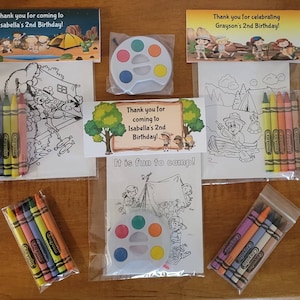 Camping theme Party Favor Bags.  1 Bag (1 child) includes 8-4x6 cards, Personalized Topper & either 5 assorted Crayons or Paint