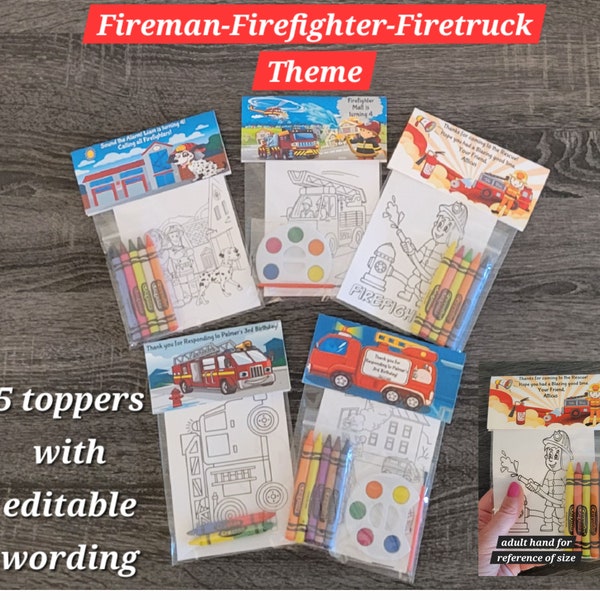 Firetruck or Fireman Theme Party Favor Bags.  1 bag (1 child) includes 8-4x6 Cards, Personalized Topper & either 5 assorted Crayons or Paint