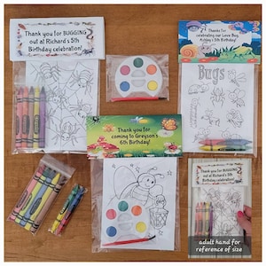 Love Bug(s) or Insect Theme Party Favors.  1 bag (1 child) includes 8-4x6 Cards, Personalized Topper & either 5 assorted Crayons or Paint
