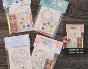 Hot Air Balloon Favors Crayons or Painting Favor Bags.  1 Bag (1 child) includes 8-4x6 cards, Topper & either 5 assorted Crayons or Paint