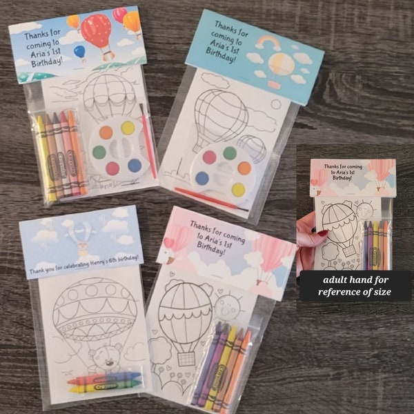 Hot Air Balloon Favors Crayons or Painting Favor Bags.  1 Bag (1 child) includes 8-4x6 cards, Topper & either 5 assorted Crayons or Paint