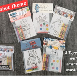 Robot Theme Party Favor Bags.  1 bag (1 child) includes 8-4x6 Cards, Personalized Topper & either 5 assorted Crayons or Paint