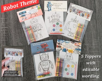 Robot Theme Party Favor Bags.  1 bag (1 child) includes 8-4x6 Cards, Personalized Topper & either 5 assorted Crayons or Paint