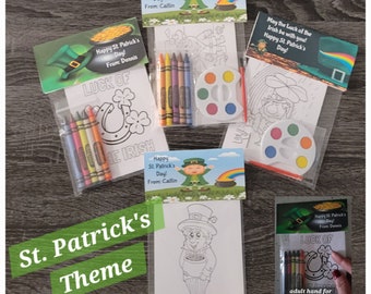 St. Patrick's Day Coloring Favors.  1 bag (1 child) includes 8-4x6 Cards, Personalized Topper & either 5 assorted Crayons or Paint