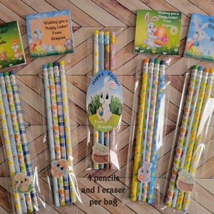 May include: Four colorful pencils with Easter-themed designs and a bunny eraser in a clear plastic bag. The bag has a tag that says "Happy Easter!" with a bunny and eggs. The tag also says "From: Bridgelle".