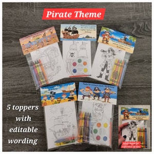 Pirate Theme Party Favor Bags.  1 bag (1 child) includes 8-4x6 Cards, Personalized Topper & either 5 assorted Crayons or Paint