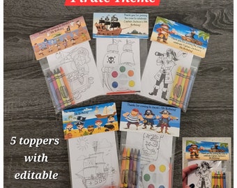 May include: Five pirate-themed party favor kits in clear plastic bags. Each kit includes a coloring page, crayons, and a header card with text like "Thanks for coming to Jacob's 5th Birthday" or "Thank you for joining the crew to celebrate Captain Jackson's 5th Birthday."