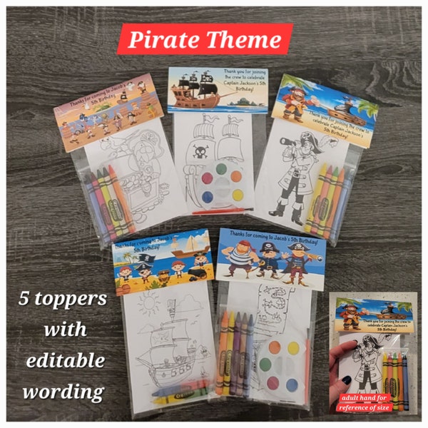 Pirate Theme Party Favor Bags.  1 bag (1 child) includes 8-4x6 Cards, Personalized Topper & either 5 assorted Crayons or Paint