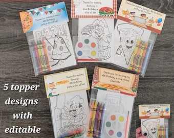 Pizza, Slice of Fun Party Favors.  1 bag (1 child) includes 8-4x6 themed Cards, Personalized Topper & choice of craft theme