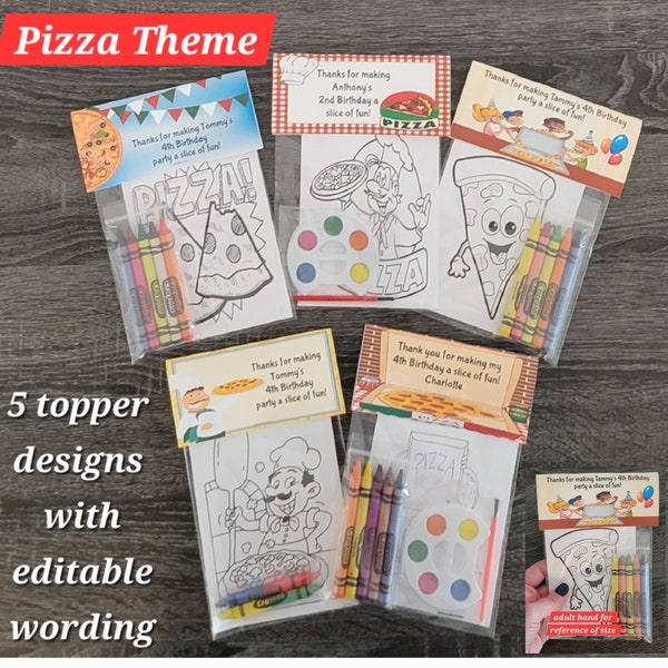 Pizza, Slice of Fun Party Favors.  1 bag (1 child) includes 8-4x6 Cards, Personalized Topper & 5 assorted Crayons or Paint or both crafts