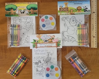 Zoo Theme Party Favor Bags.  1 bag (1 child) includes 8-4x6 Cards, Personalized Topper & either 5 assorted Crayons or Paint