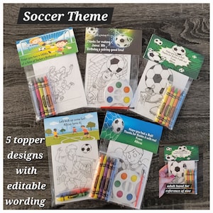 Soccer Theme Party Favor Bags.  1 bag (1 child) includes 8-4x6 Cards, Personalized Topper & either 5 assorted Crayons or Paint