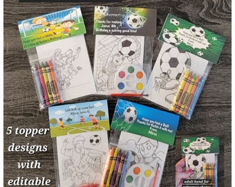 Soccer Theme Party Favor Bags.  1 bag (1 child) includes 8-4x6 Cards, Personalized Topper & either 5 assorted Crayons or Paint