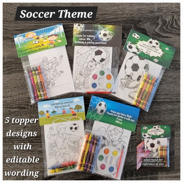 Soccer Theme Party Favor Bags.  1 bag (1 child) includes 8-4x6 Cards, Personalized Topper & either 5 assorted Crayons or Paint
