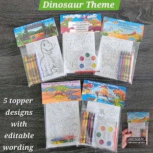 Dinosaur, Dino Theme Party Favor Bags.  1 bag (1 child) includes 8-4x6 Cards, Personalized Topper & either 5 assorted Crayons or Paint