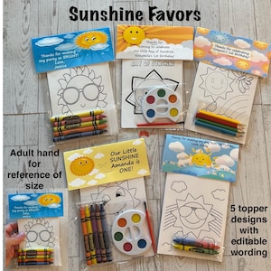 Sunshine-Our Little Sunshine Party Favors.  1 bag (1 child) includes 8-4x6 Cards, Personalized Topper & either 5 assorted Crayons or Paint