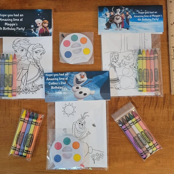 Kids Crayons or Painting Party Favor Bags.  1 bag (1 child) includes 8-4x6 Cards, Personalized Topper & either 5 assorted Crayons or Paint