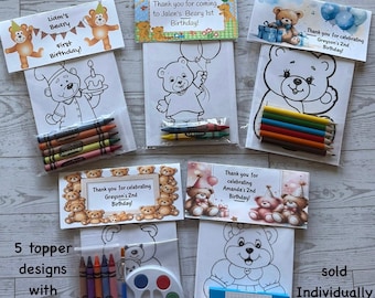 Teddy Bear or Bear Theme Party Favor Bags.  1 bag (1 child) includes 8-4x6  themed Cards, Personalized Topper and choice of craft.