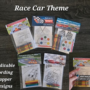 Race Car theme Party Favor Bags.  1 bag (1 child) includes 8-4x6 Cards, Personalized Topper & either 5 assorted Crayons or Paint