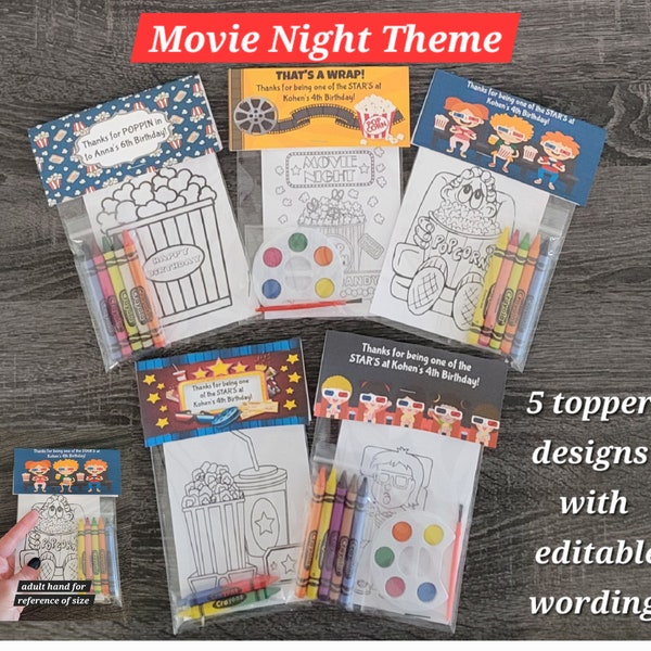 Movie Night theme Party Favor Bags.  1 bag (1 child) includes 8-4x6 Cards, Personalized Topper & either 5 assorted Crayons or Paint