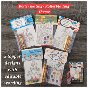 May include: Five different designs for printable party favor toppers featuring a rollerskating or rollerblading theme. Each design includes a black and white illustration of children roller skating or rollerblading, with space for personalization. The text "Thank you for SKATING by Grayson's 5th Birthday!" is included on one of the designs. The designs are suitable for a birthday party or other celebration.