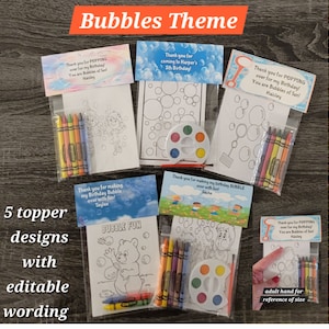 Bubbles Theme Party Favors.  1 bag (1 child) includes 8-4x6 Cards, Personalized Topper & either 5 assorted Crayons or Paint